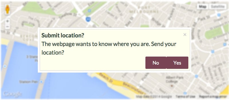 Screenshot of a blurred map and the location submission permission request