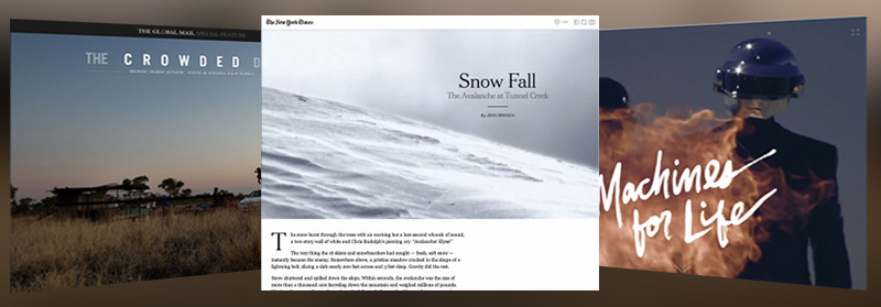 Screenshot of the NYT's Snowfall, The Global Mail's Crowded Desert and PitchFork's Daft Punk feature