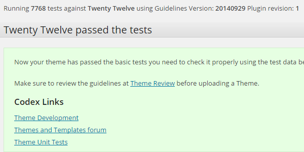 Theme Check WordPress plugin test with Twenty Twelve theme