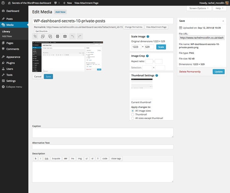 WordPress media library - image editing screen