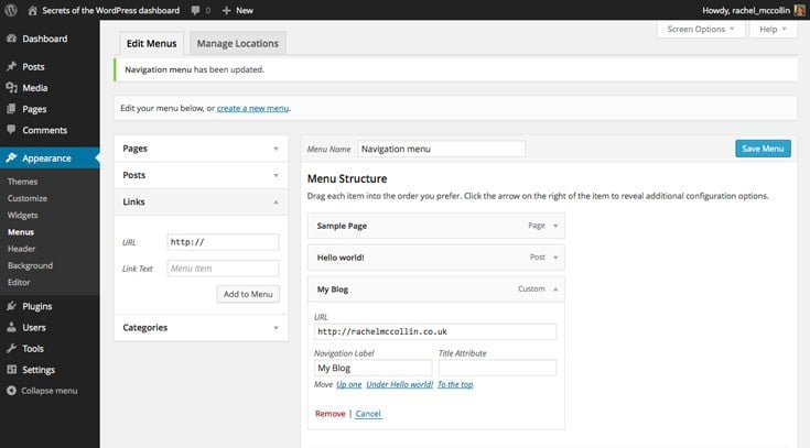 WordPress editing links in the navigation menu