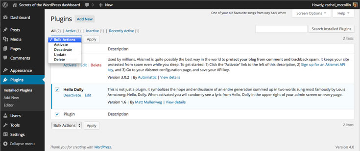 WordPress plugins admin - bulk actions