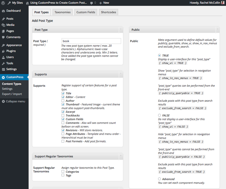 CustomPress - top portion of screen for adding a post type
