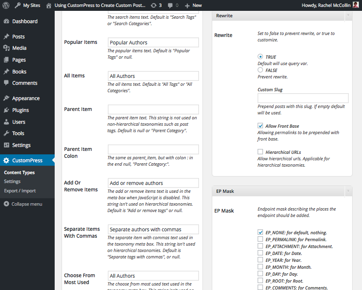 CustomPress add taxonomy screen - third part of screen
