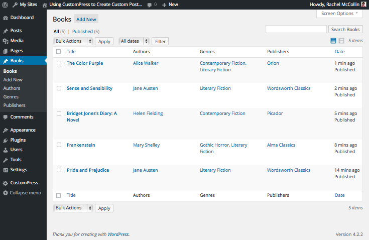 Books listing screen in the WordPress admin