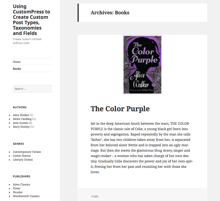 Books listing page with widgets and menu