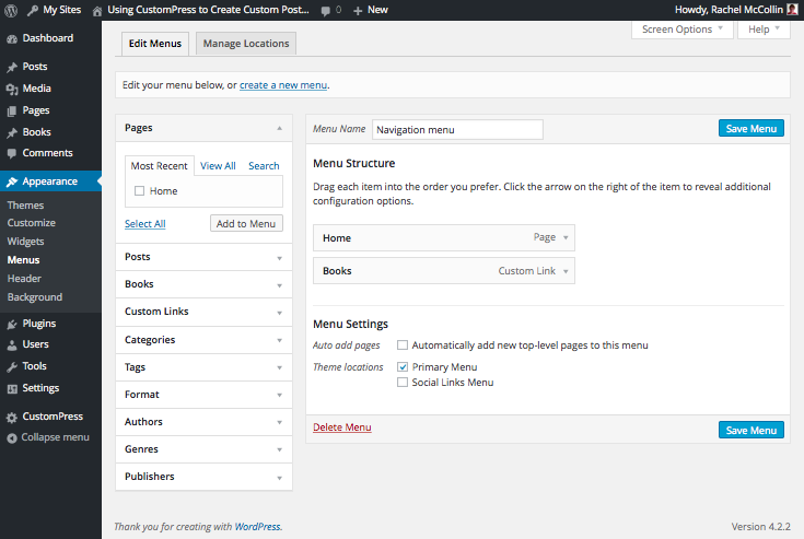 Final navigation menu in the admin screen