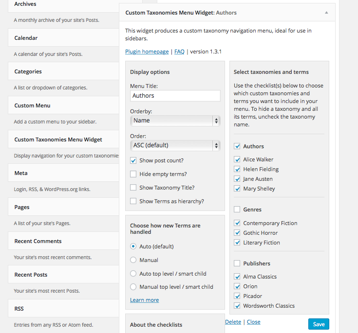 Taxonomies widget settings