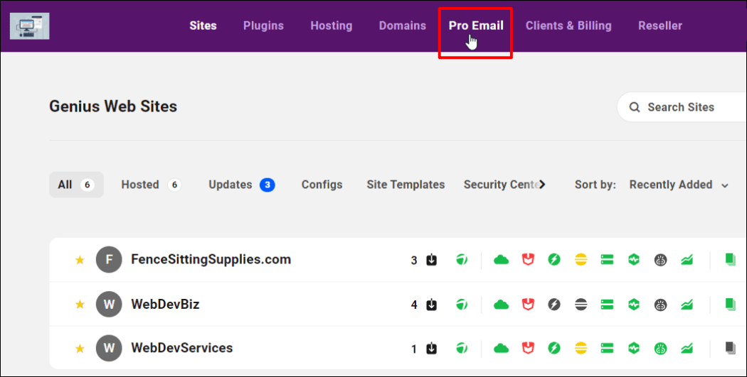 The Hub Client screen showing a white labeled client portal with Pro Email highlighted