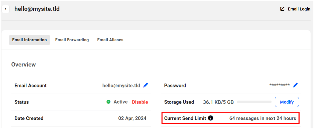 Email Information - Email limit increase