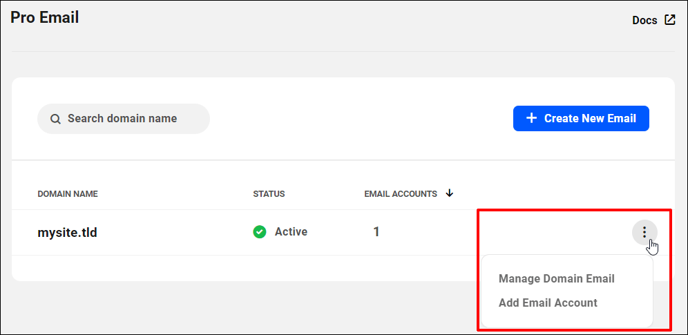 Pro Email screen - Manage Domain Email option selected