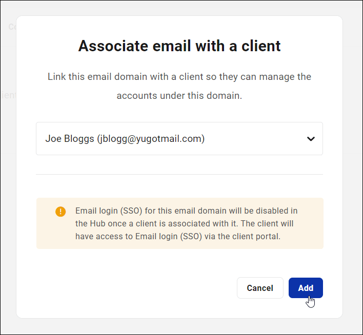 Pro Email - Associate email with a client modal