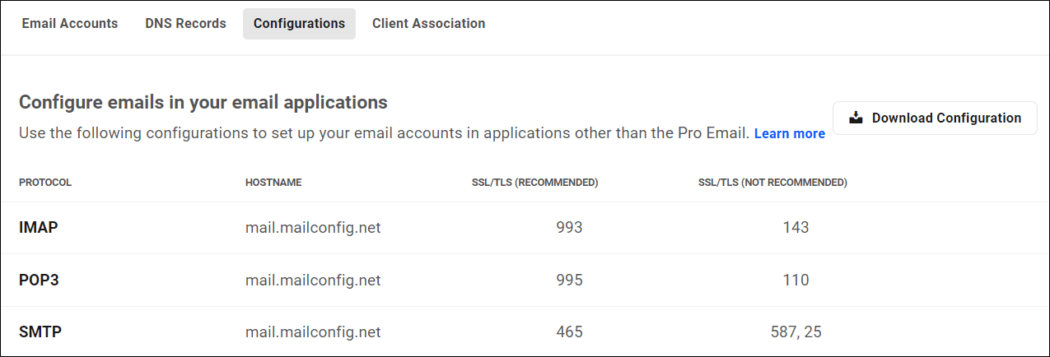 Pro Email configurations