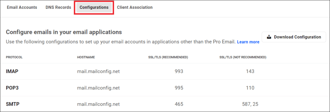 Pro Email - Domain Email - Configurations