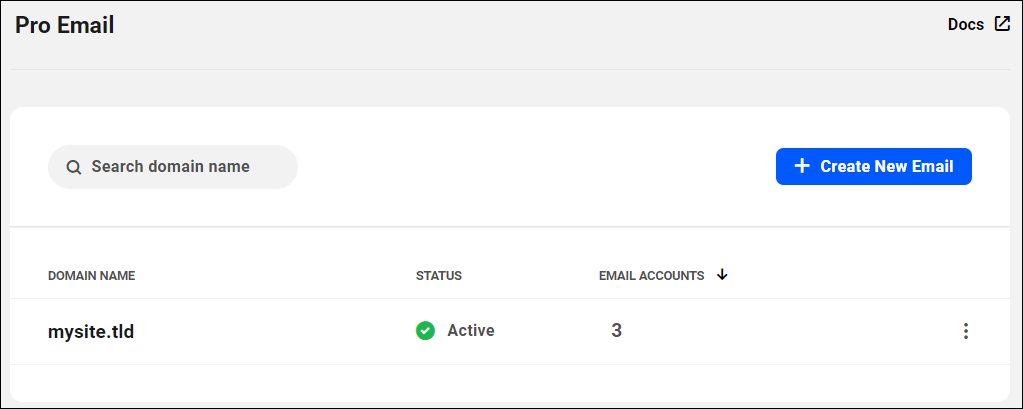 Pro Email screen with added domain email accounts