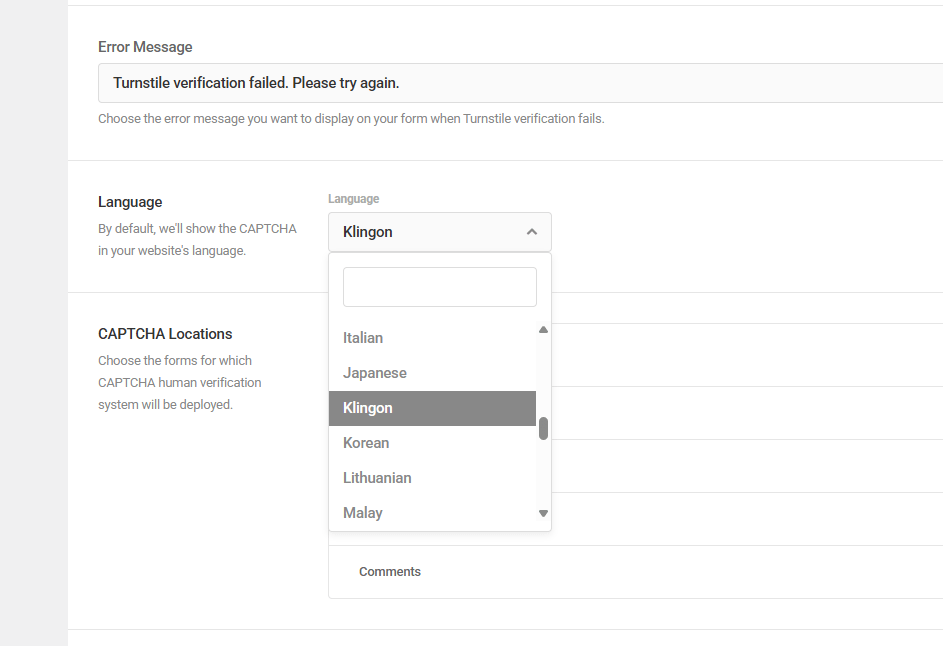 Cloudflare Turnstile language selector in Defender showing Klingon highlighted in the dropdown menu.