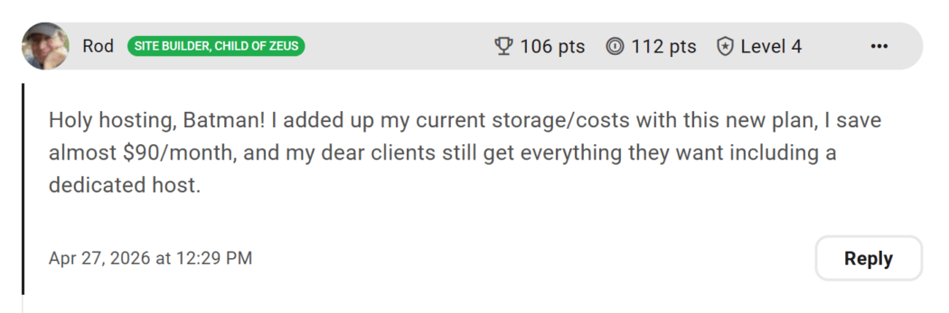 Review of Unlimited Hosting where a member is thrilkled at how much money he saves.
