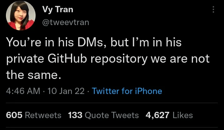 Meme about difference between DMs and Github commits