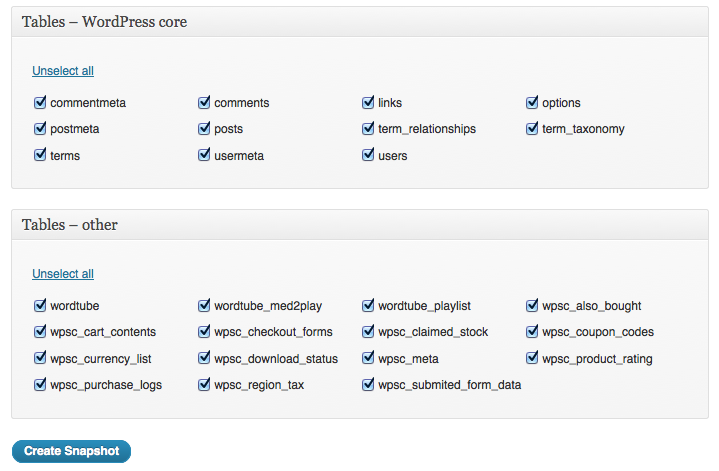 backup wordpress database tables