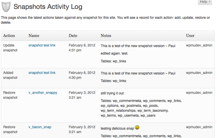 Backup activity log