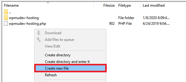 Filezilla Create new file option