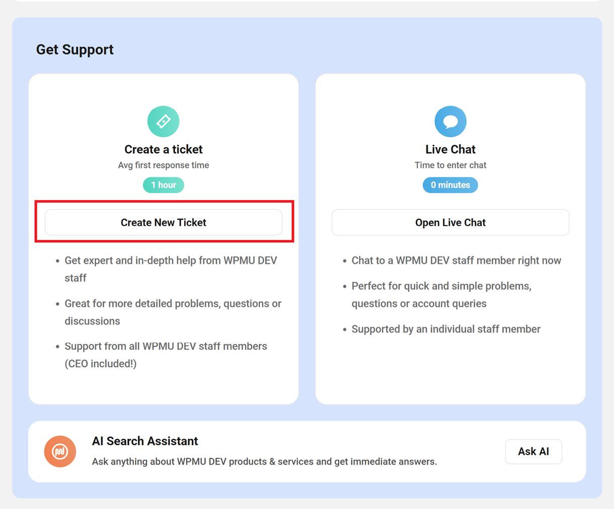 Create a new support ticket in The Hub