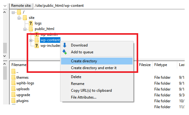 Create a new directory in Filezilla