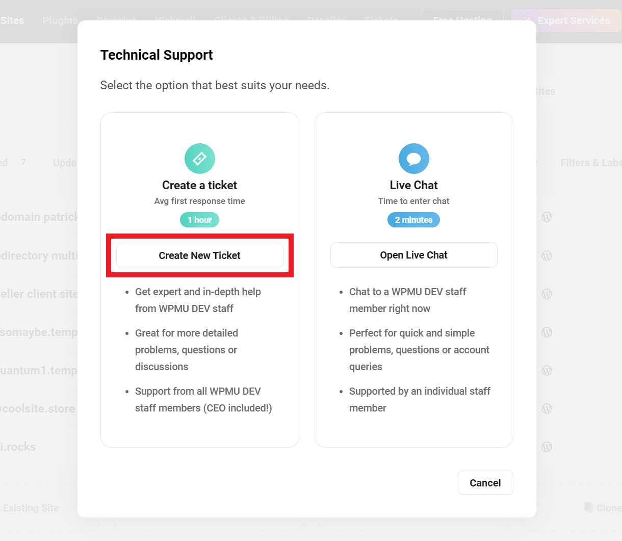 Create a new support ticket in The Hub