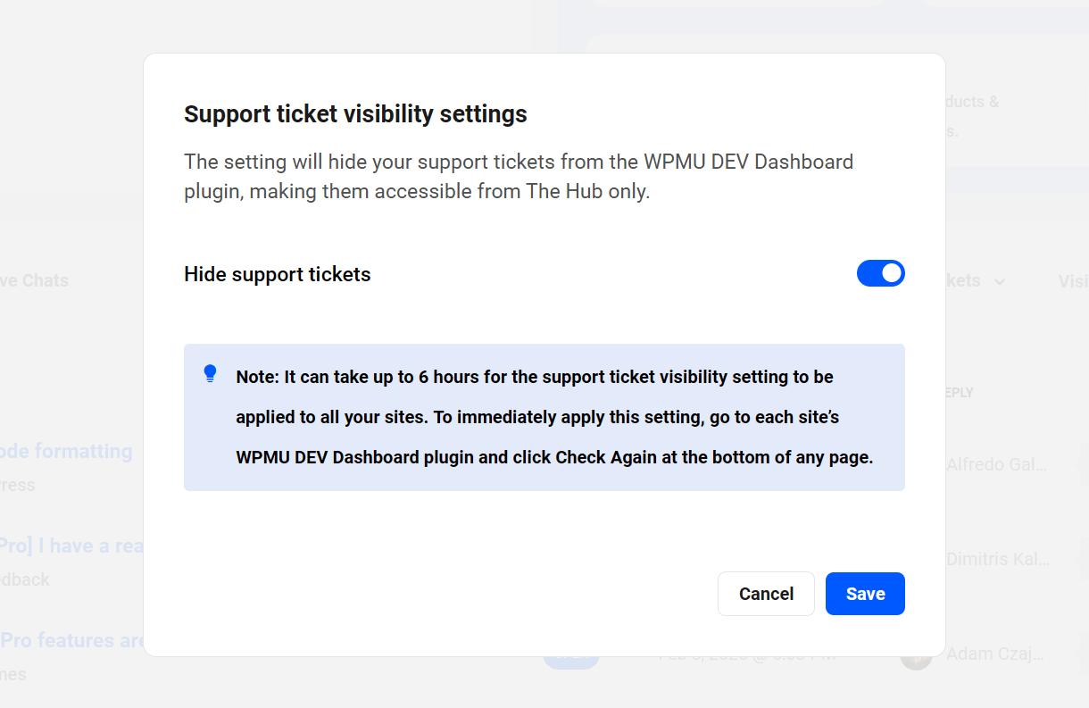WPMU DEV Tickets visibility settings