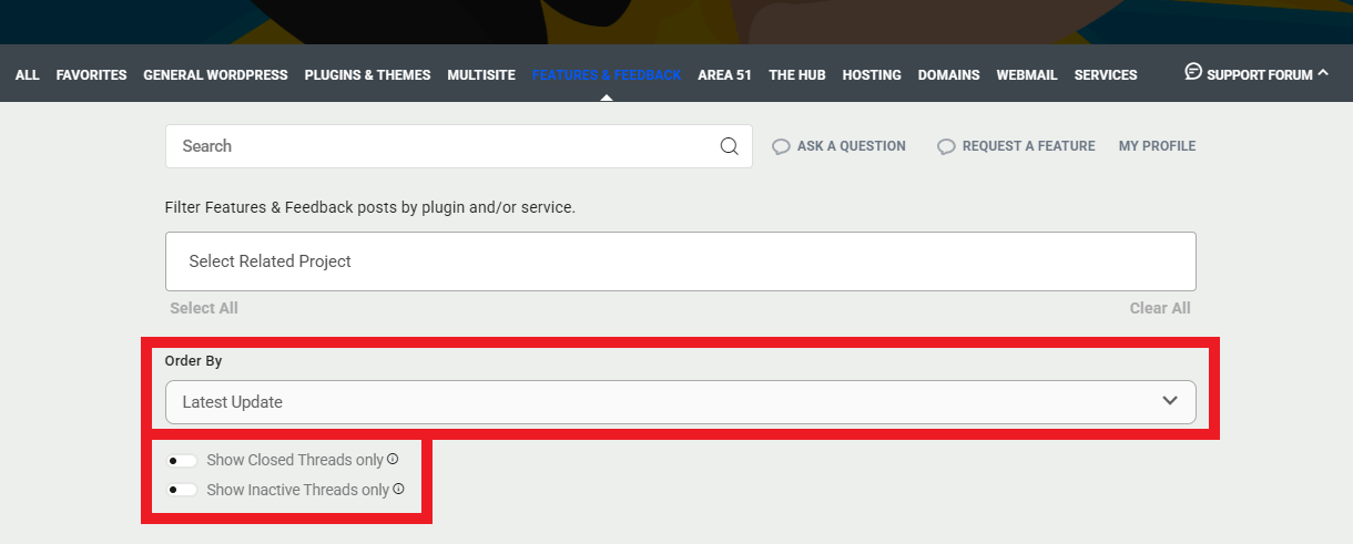 Features & Feedback forum filters