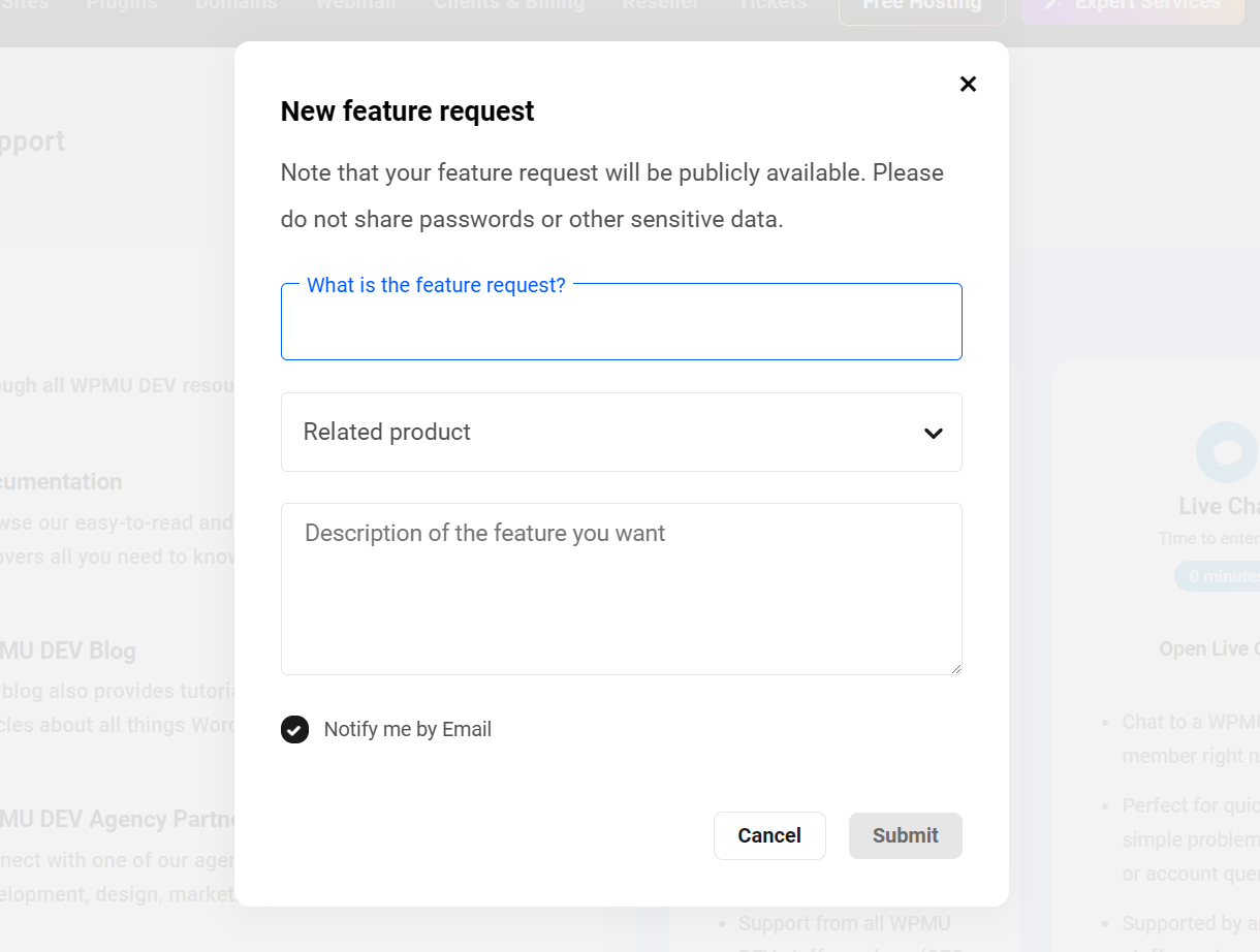 Features & Feedback forum request form