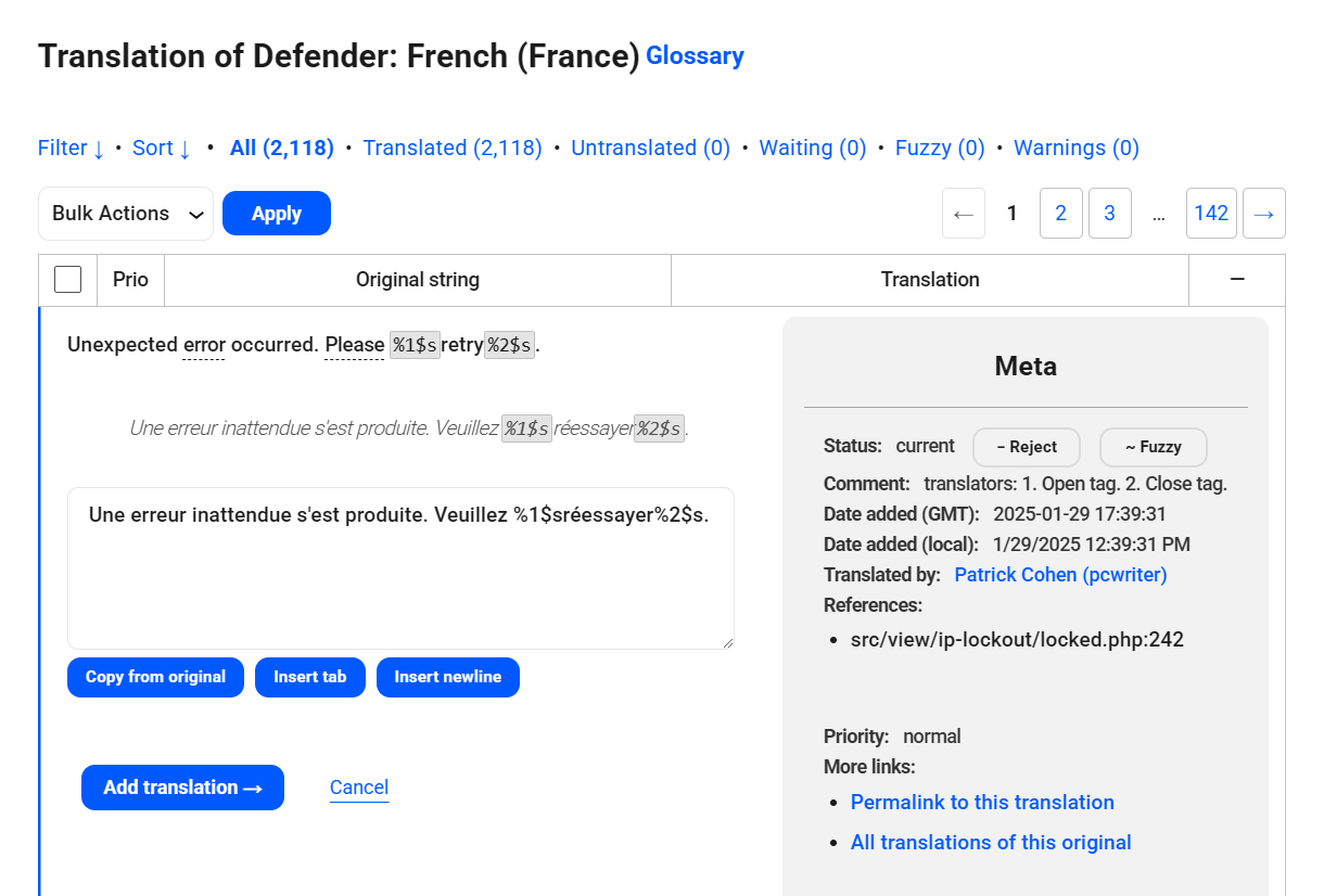 String selected in WPMU DEV project translation