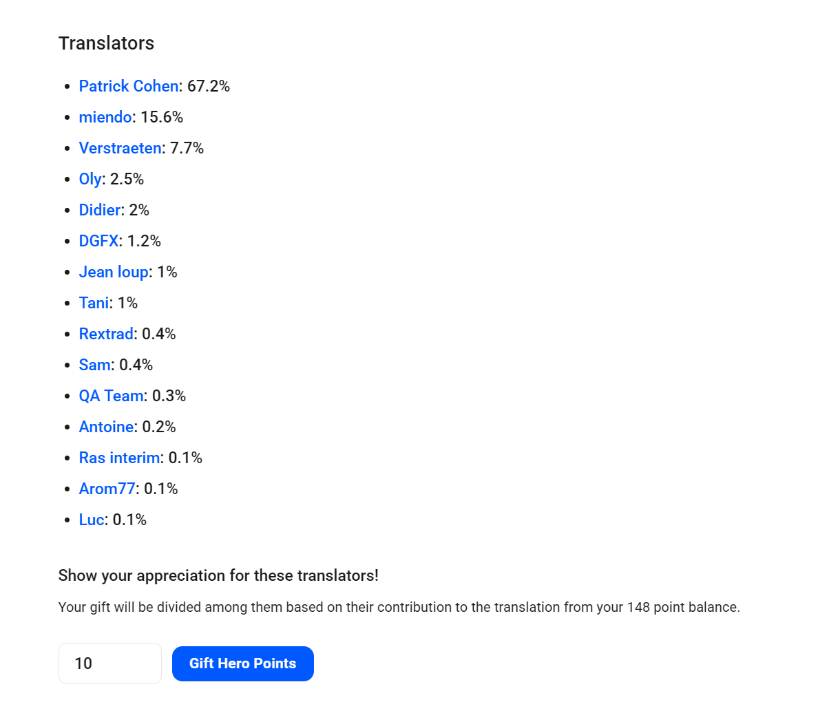 Awarding hero points to translators