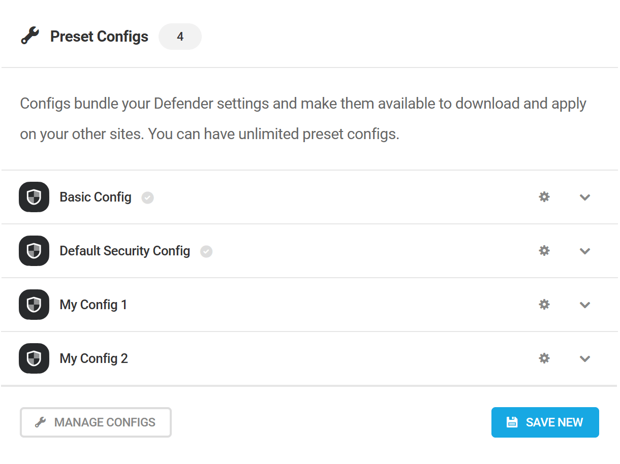 Configs widget in the Defender dashboard