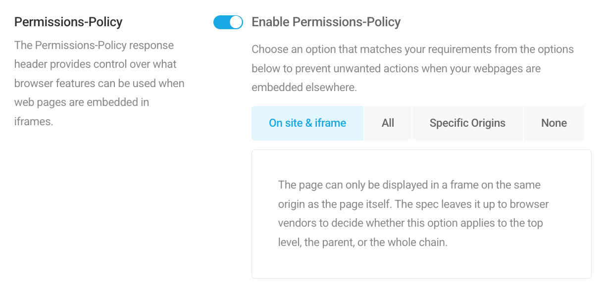 Enable permissions policy security header in Defender