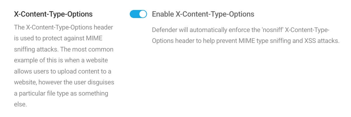 Enable X-Content-Type security header in Defender