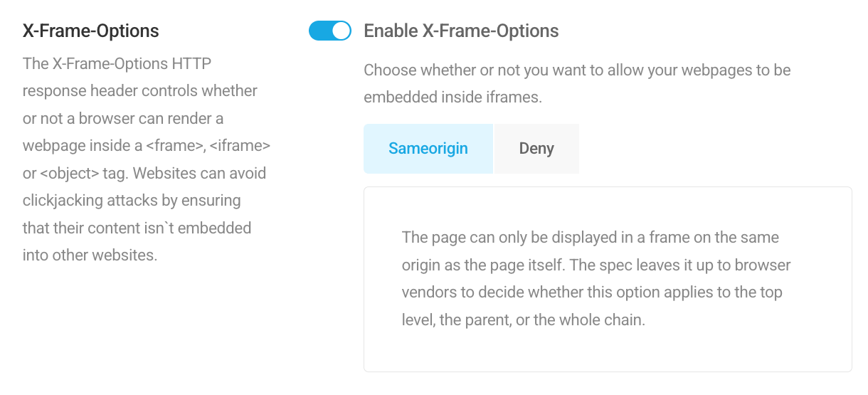Enable X-Frame security header in Defender