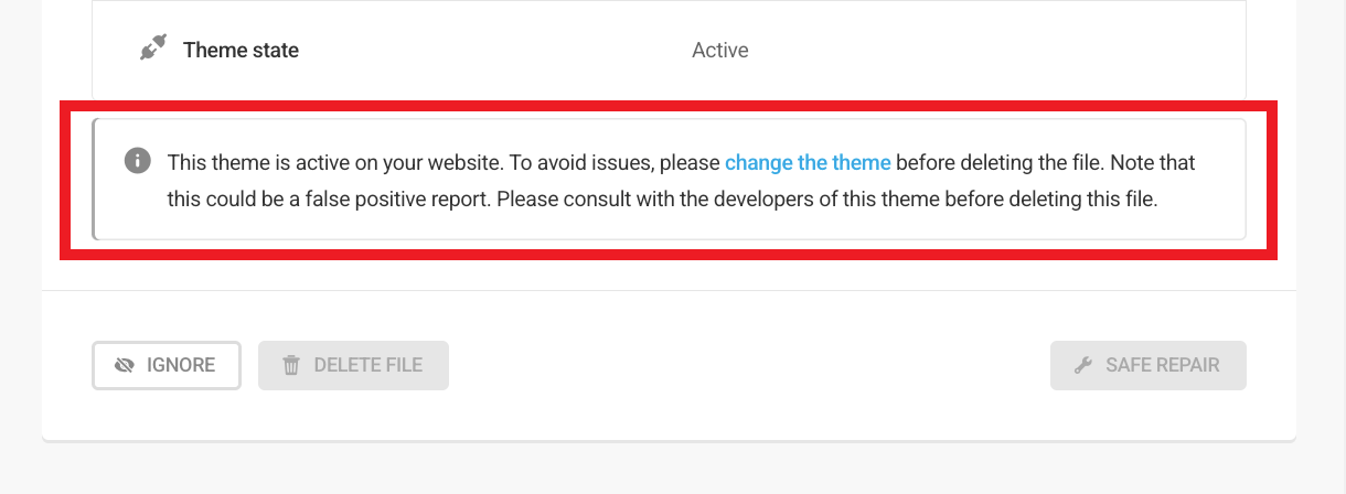 Malware scan active theme notice