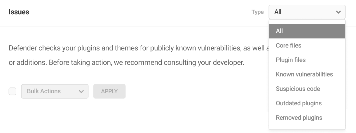 Defender Malware Scan issue types filter