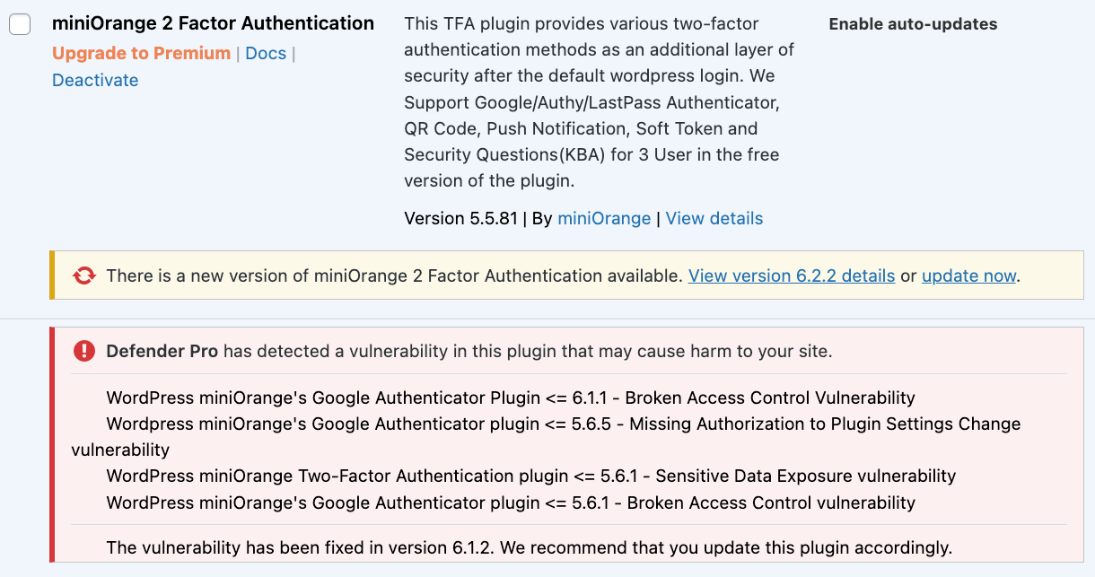 Plugin vulnerability message in wp-admin