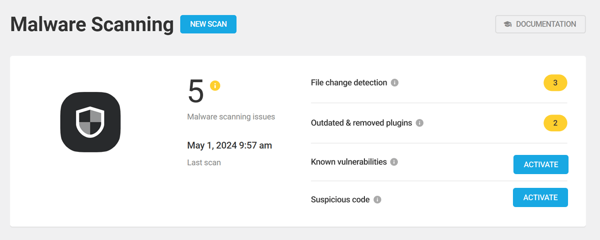 Disabled features in Malware Scanning overview panel