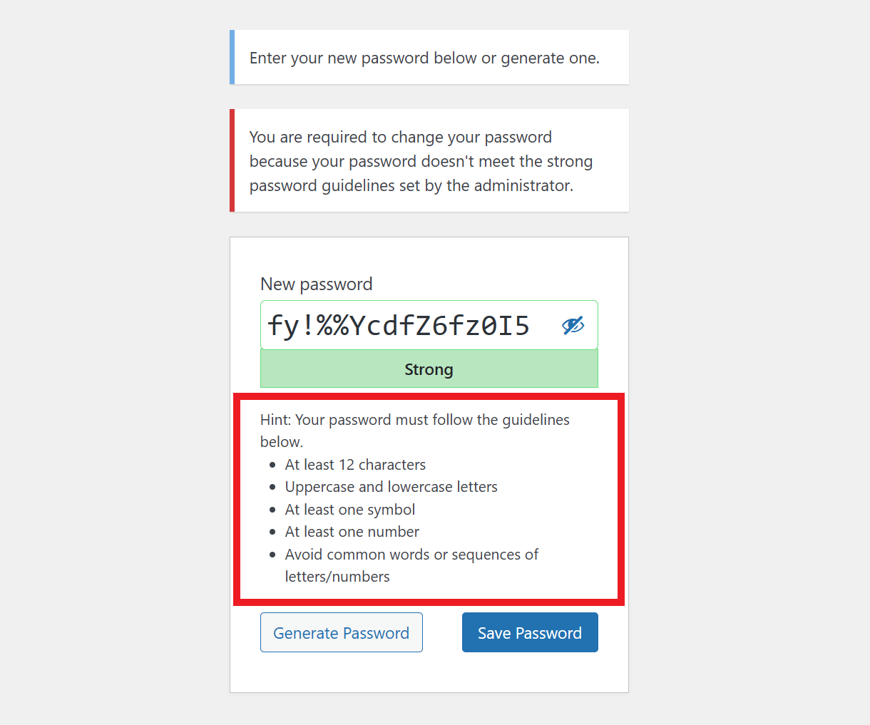 Login message from Defender Strong Passwords feature
