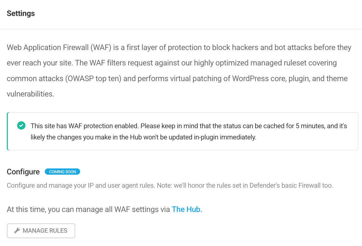 WPMU DEV WAF settings screen in Defender