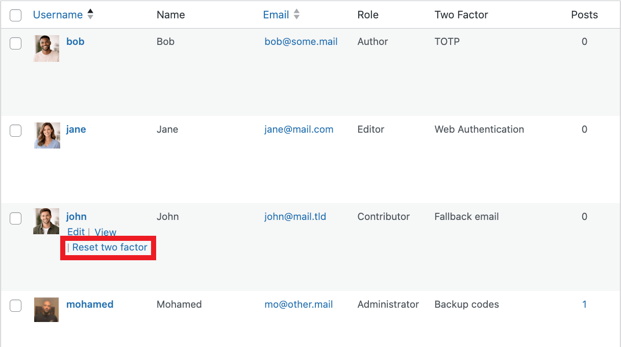 Reset two-factor authentication for a user