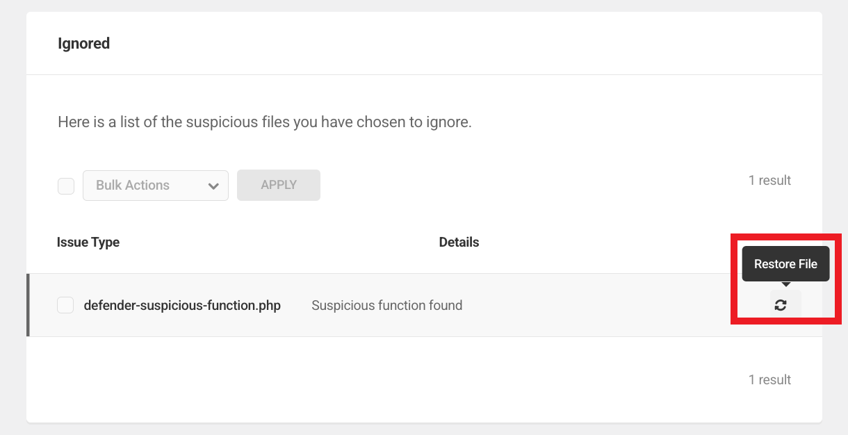 Restore an ignored issue in Defender malware scanning