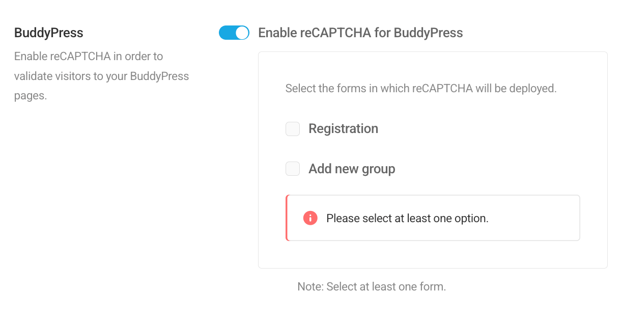 Select at least one location for BuddyPress reCaptcha