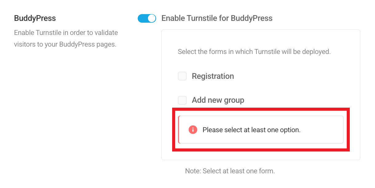 Select at least one location for BuddyPress Turnstile