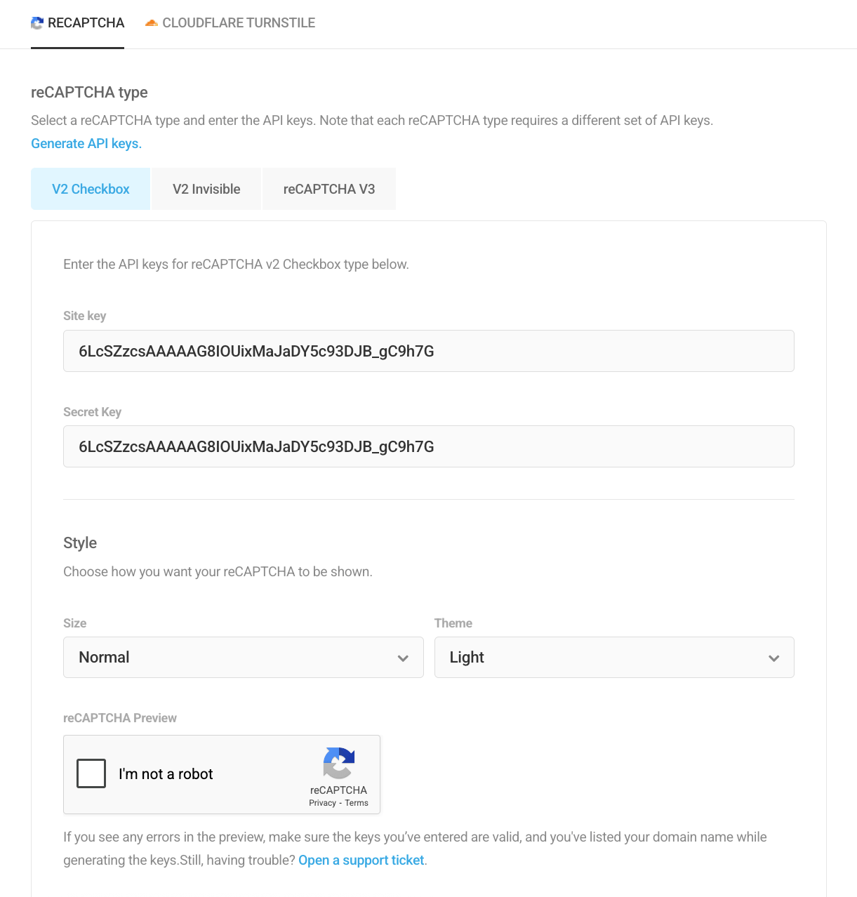 Adding site key and secret key
