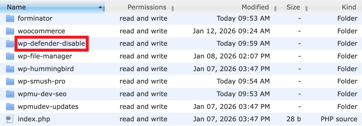 Temporarily disabling the Defender plugin by renaming it using FTP