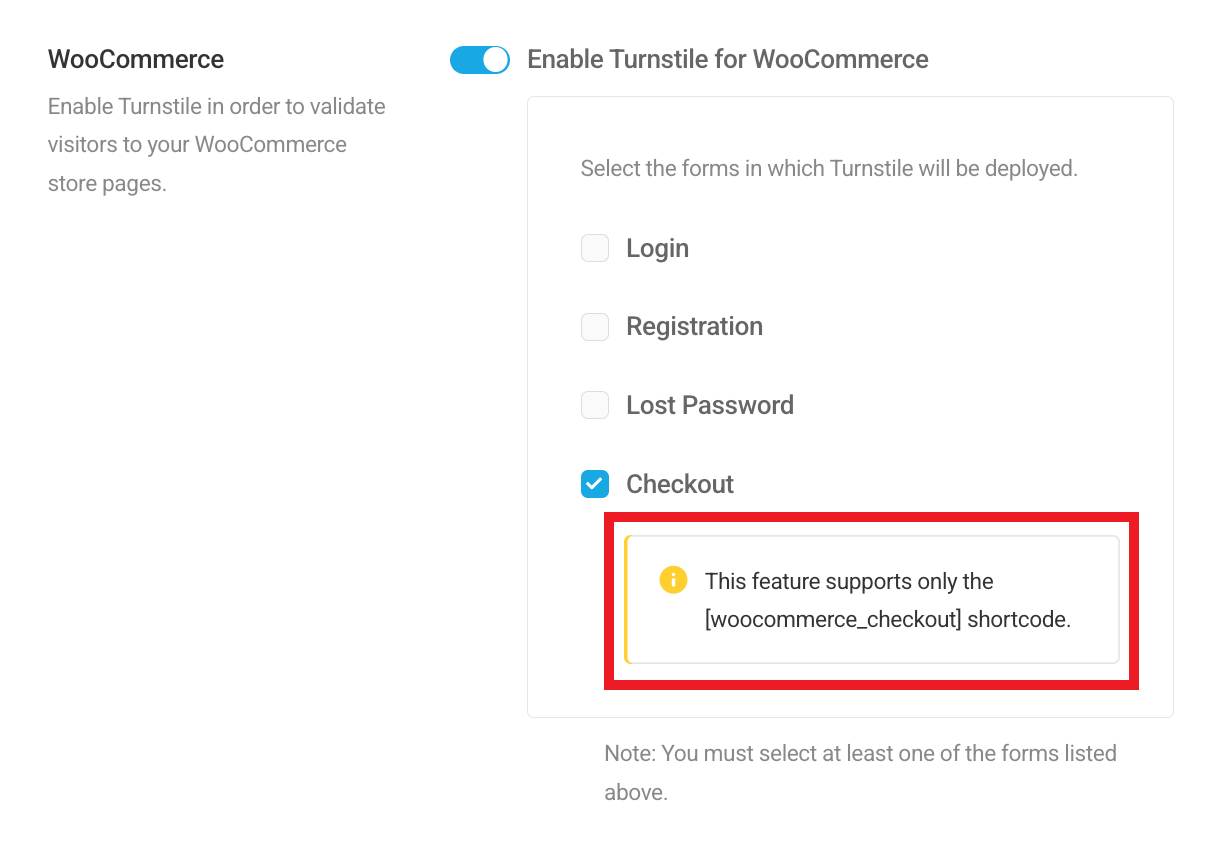 WooCommerce Checkout Turnstile option with shortcode limitation notice
